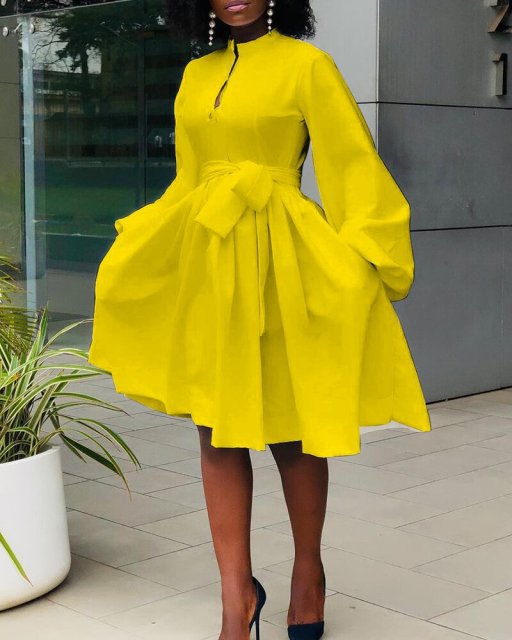 Buy Instafab Plus Women's Light Yellow Petal Hem Dress for Casual Wear, Puff Sleeve, Polyester Fabric