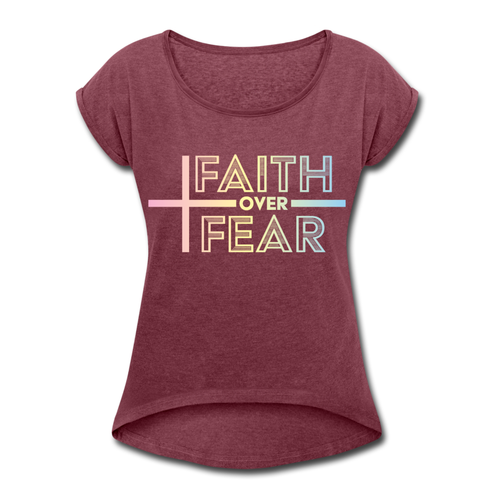 Faith Wins Women’s T-Shirt with rolled up sleeves - heather burgundy