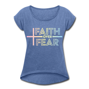 Faith Wins Women’s T-Shirt with rolled up sleeves - heather denim